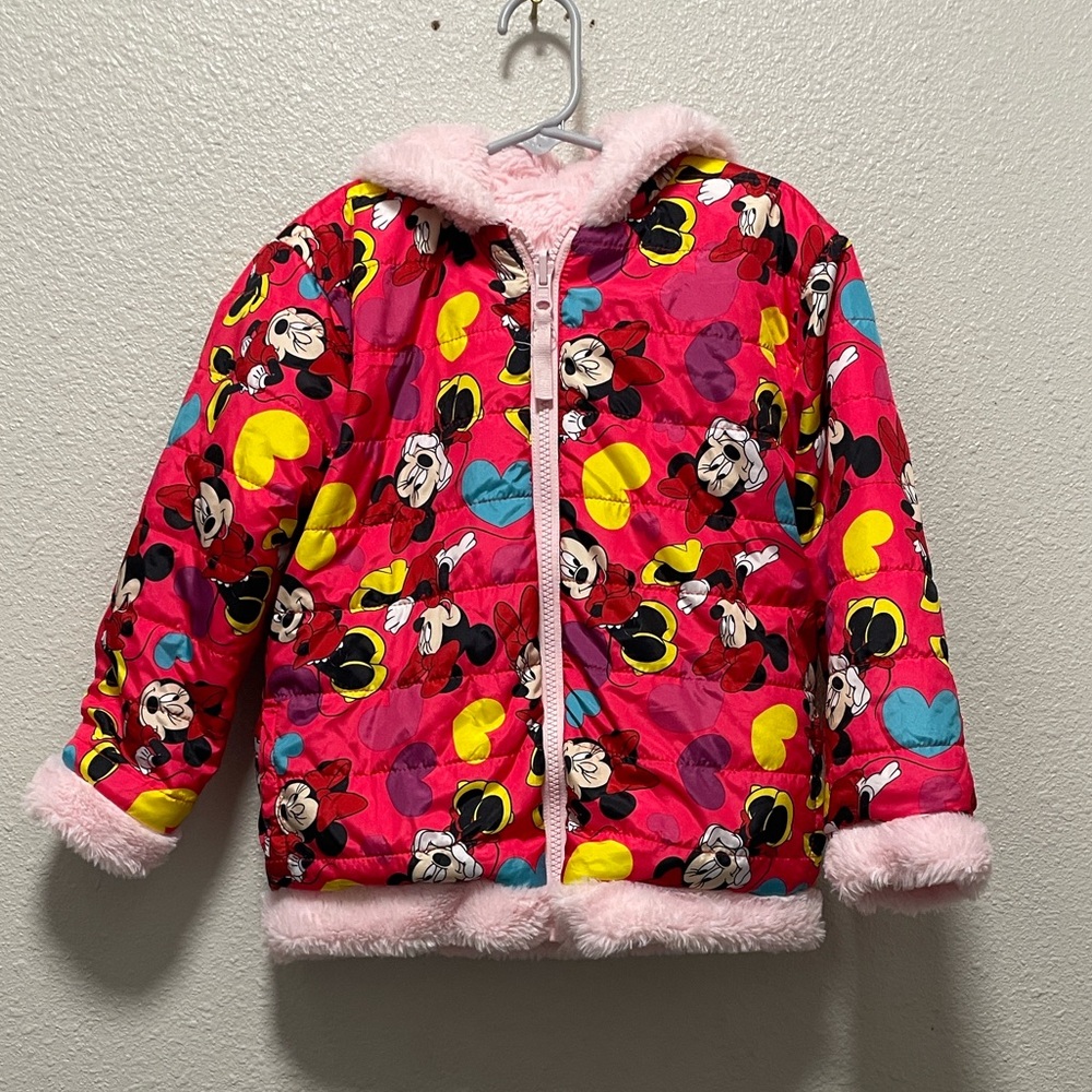 Disney Junior Minnie Mouse Reversable Zip Front Girls Hooded Jacket Size 5